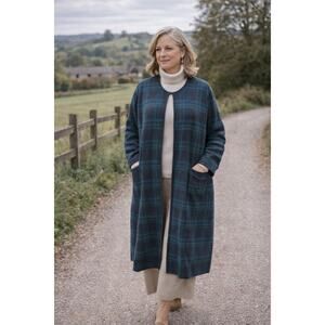 ISLE Wool Blend Green Tartan Plaid Longline Coat Equestrian Preppy Old Money L